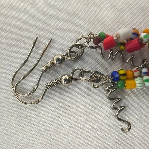 Multi-Colour Seed Bead Dangle Earrings 925 Hooks - Picture 6 of 8